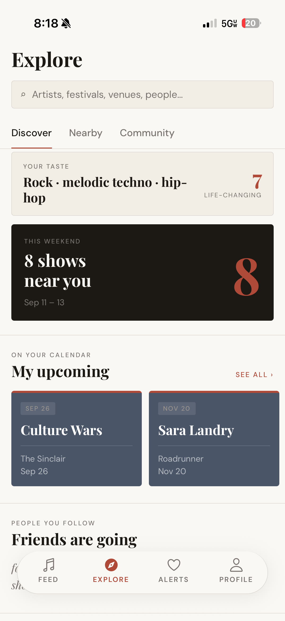 Concerto explore screen with nearby shows